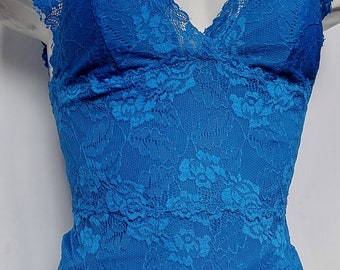 Waist length top sleeveless short shirt open back blouse cami in blue color lace.