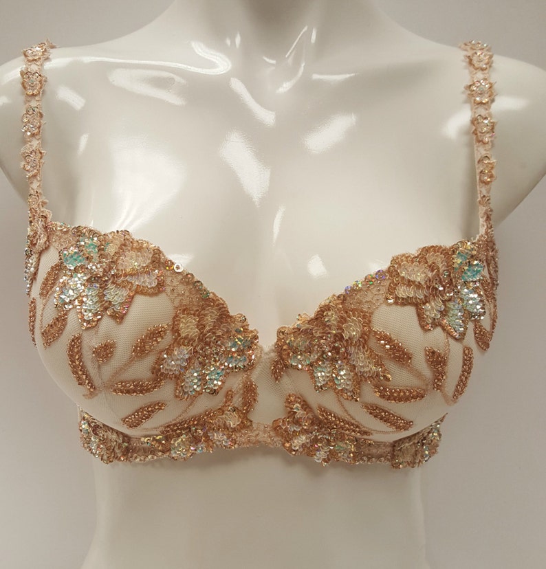 Embellished ivory cream push up bra top bustier hand decorated with sequins. image 2