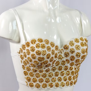 Half bustier corset crop top long-line push up white bra with golden bead in floral pattern.