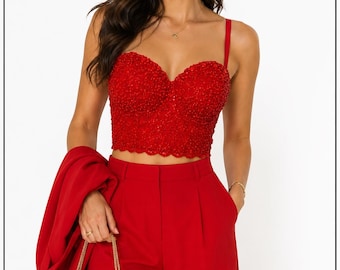 Rode bustier crop-top met handkralen - gewatteerde lange bh