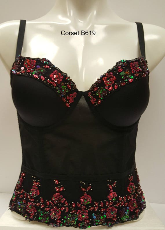 Black crop top bustier bra decorated with black and dark green feathers