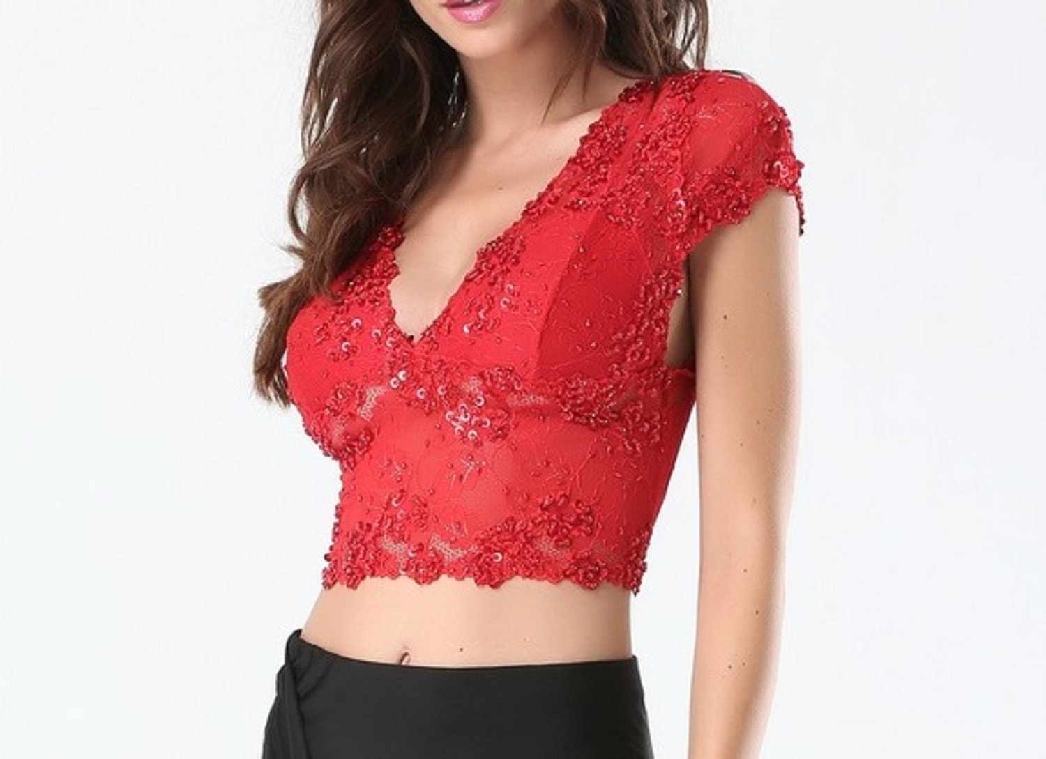 Sequinned Red Lace Crop Top Cap Sleeved Short Shirt Blouse Cami