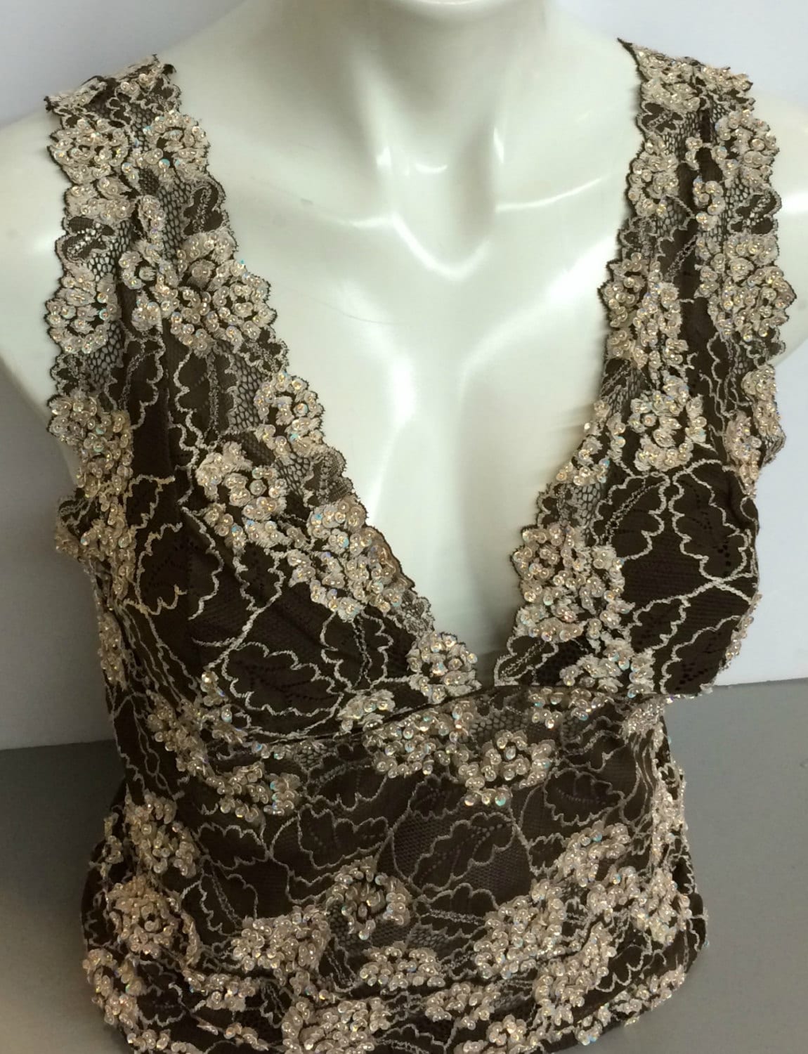 Hand-Beaded Sequin Lace Top, Beige Brown Stretch Blouse