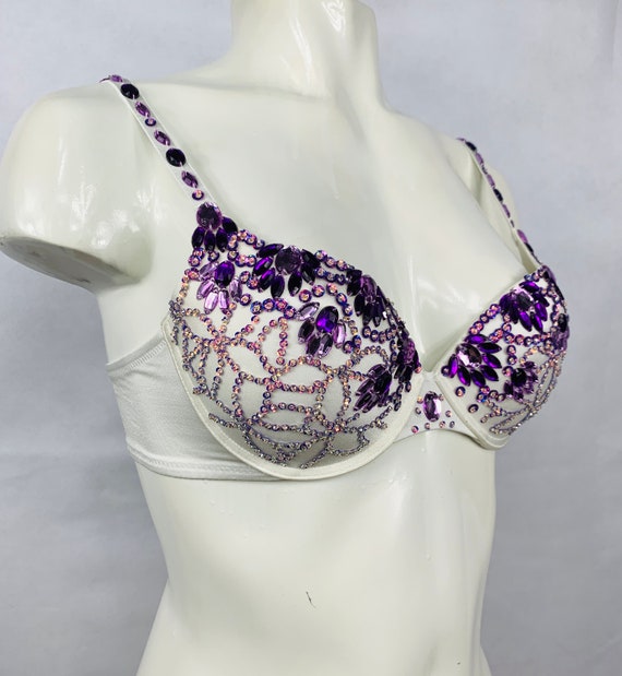 Ivory Push up Bra Top Decorated With Purple Beads & Sequins. -  UK