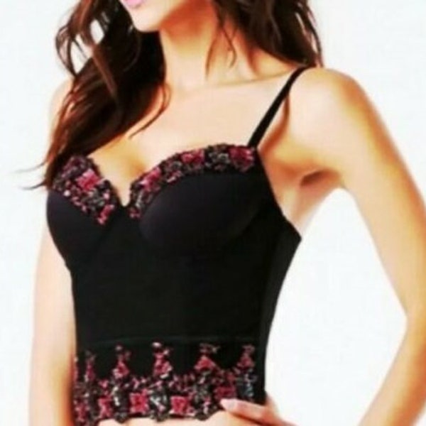 Bustier corset long line waist length bra top in black color hand beaded.