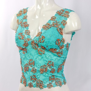 Sequined crop top sleeveless blouse cami in green floral lace with copper bronze beads and sequins