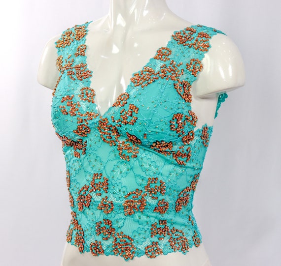 Sequined Crop Top Sleeveless Blouse Cami in Green Floral Lace With Copper  Bronze Beads and Sequins 