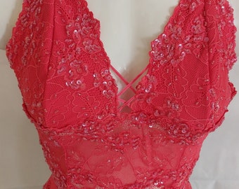 Beaded lace cami tank top in dark pink coral color with floral pattern hip length cross strapped