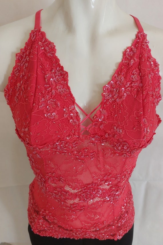 Beaded lace cami tank top in dark pink coral colo… - image 1