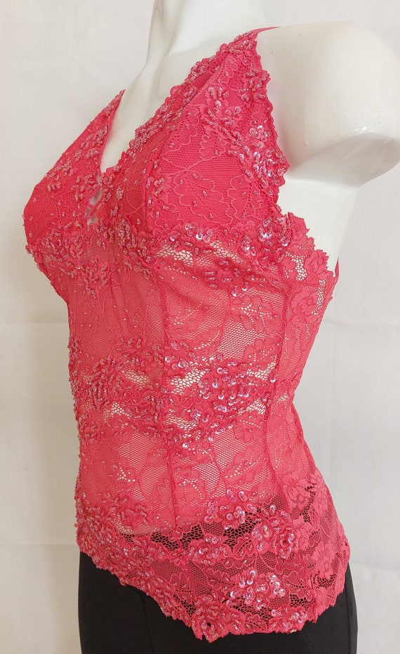 Beaded lace cami tank top in dark pink coral colo… - image 3