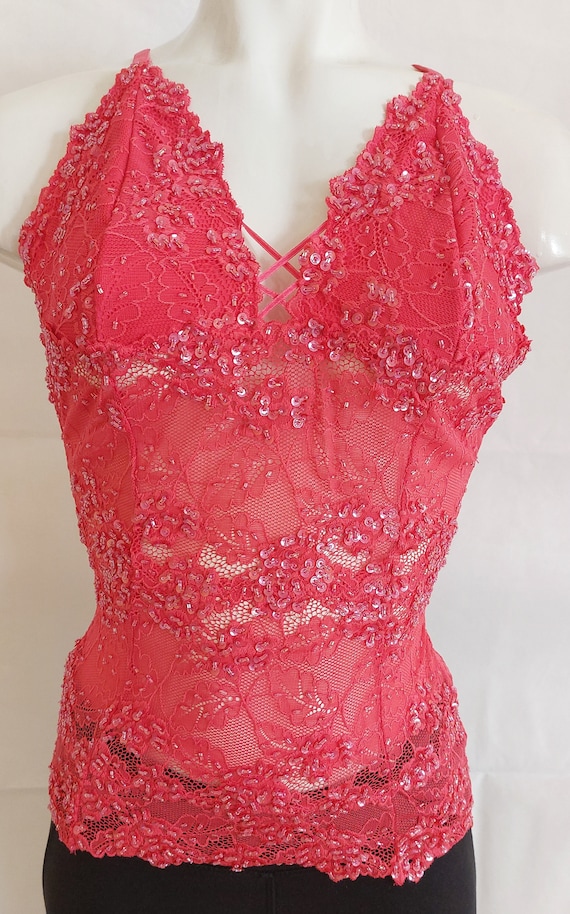 Beaded lace cami tank top in dark pink coral colo… - image 5