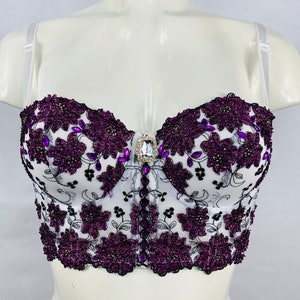 Hand beaded bra top half corset crop top bustier in white and purple combination.