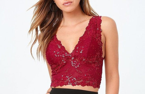 Last Piece Lace Crop Top in Deep Red Color Midriff Short Blouse