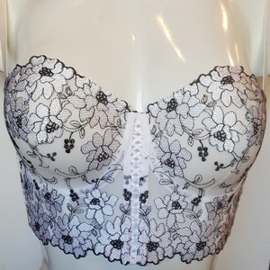Black and white embroidered bra top half corset crop top bustier.