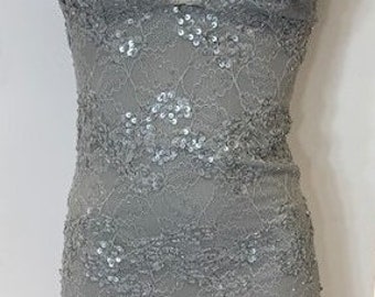 Silver grey color lace long-dress with sequins and beading knee length