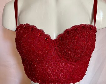 Hand beaded half bustier crop top brallette corset longline padded bra in all red color.