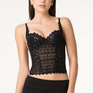 Black lace waist length tank top cami hand decorated with iris black sequins and beads