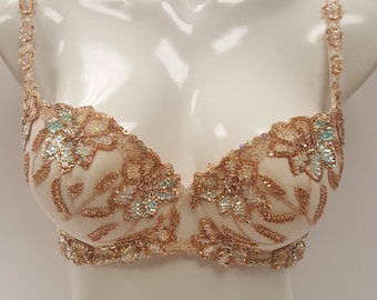 Embellished ivory cream push up bra top bustier hand decorated with sequins.