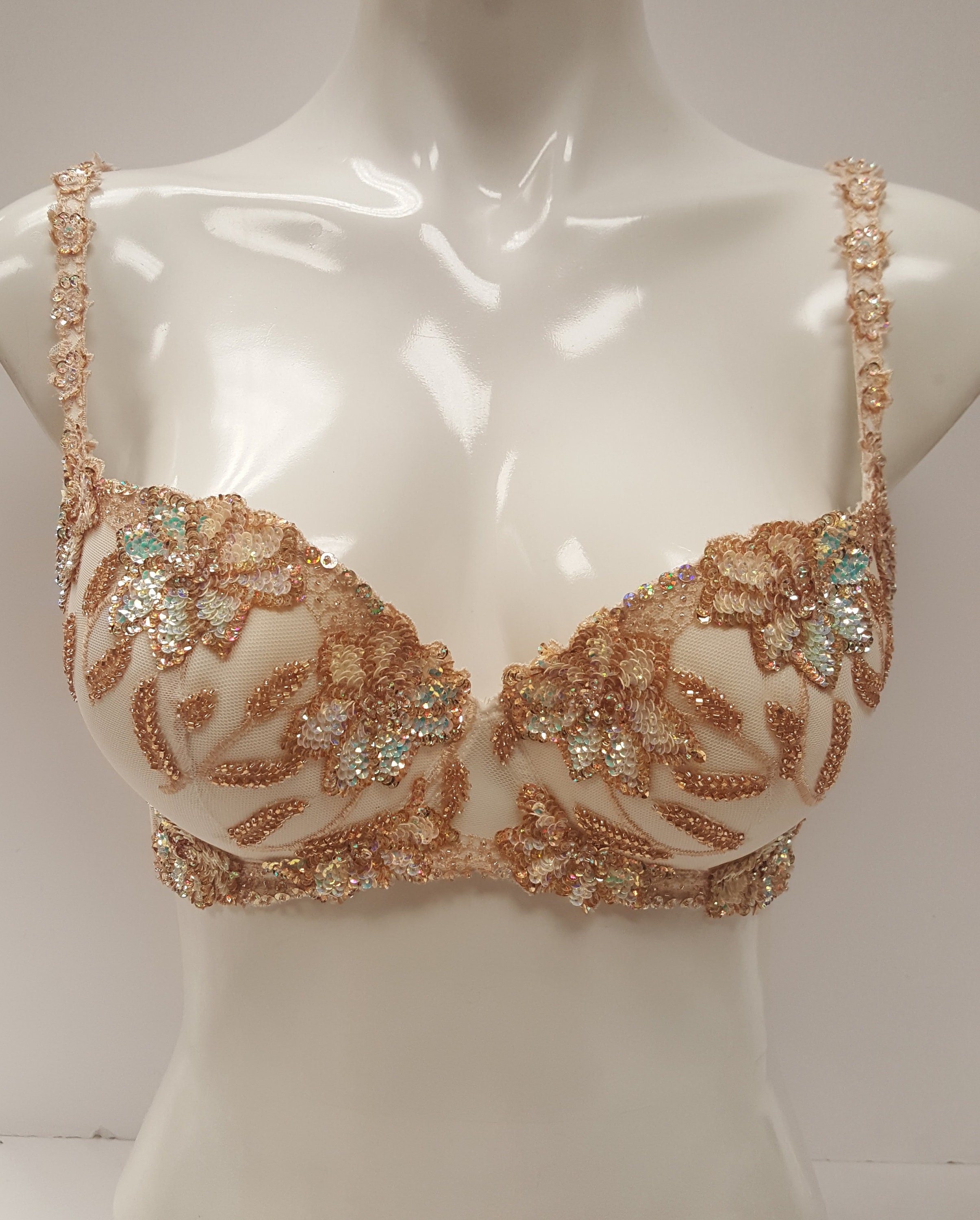 Embellished Ivory Cream Push up Bra Top Bustier Hand Decorated With Sequins.  