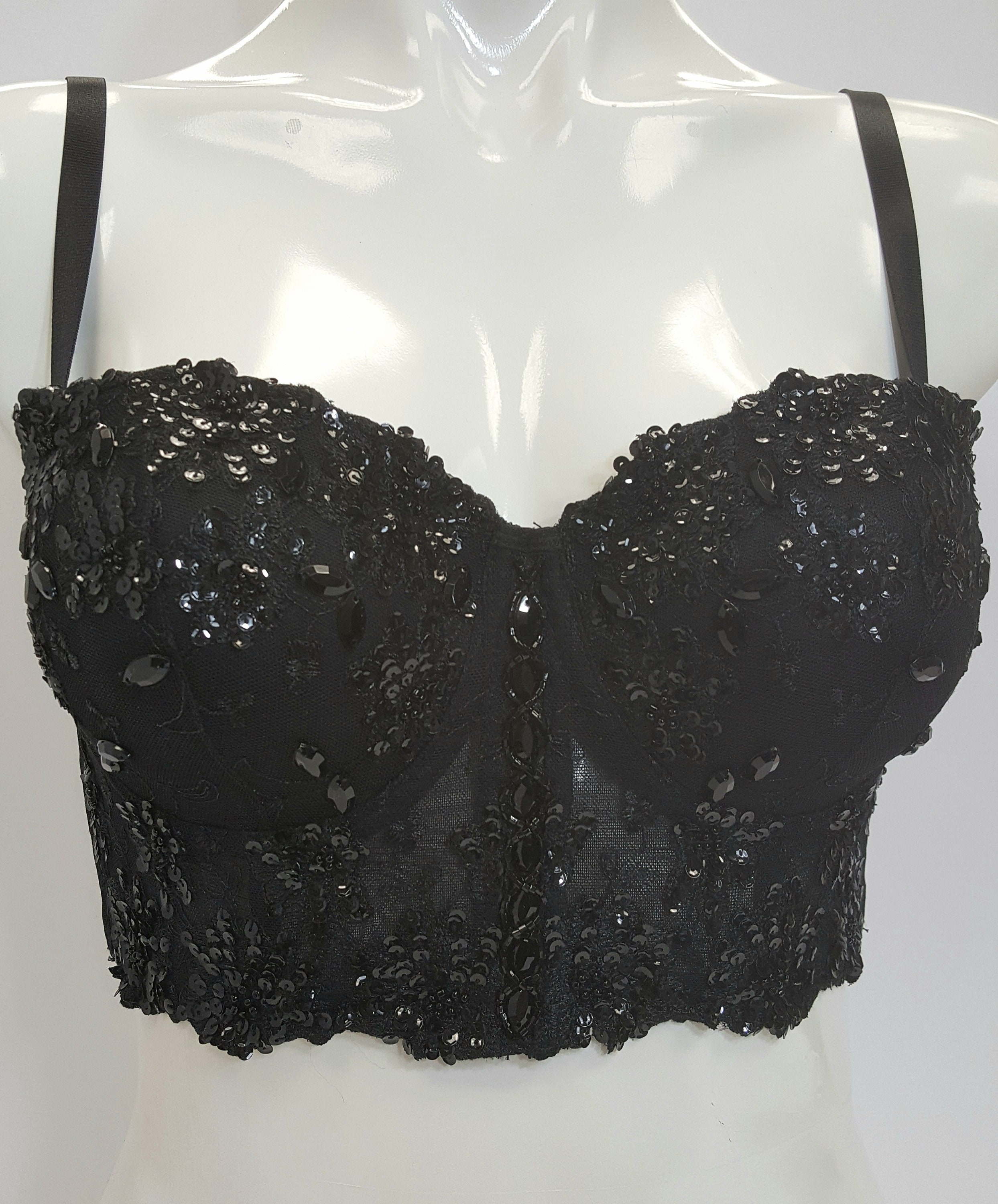 All Black Half Corset Bustier Crop Top Bralette Decorated With Sequins and  Stones. 