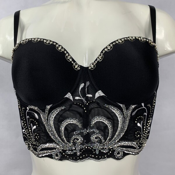 Black half corset bustier bralette crop top with silver rhinestones and beads.