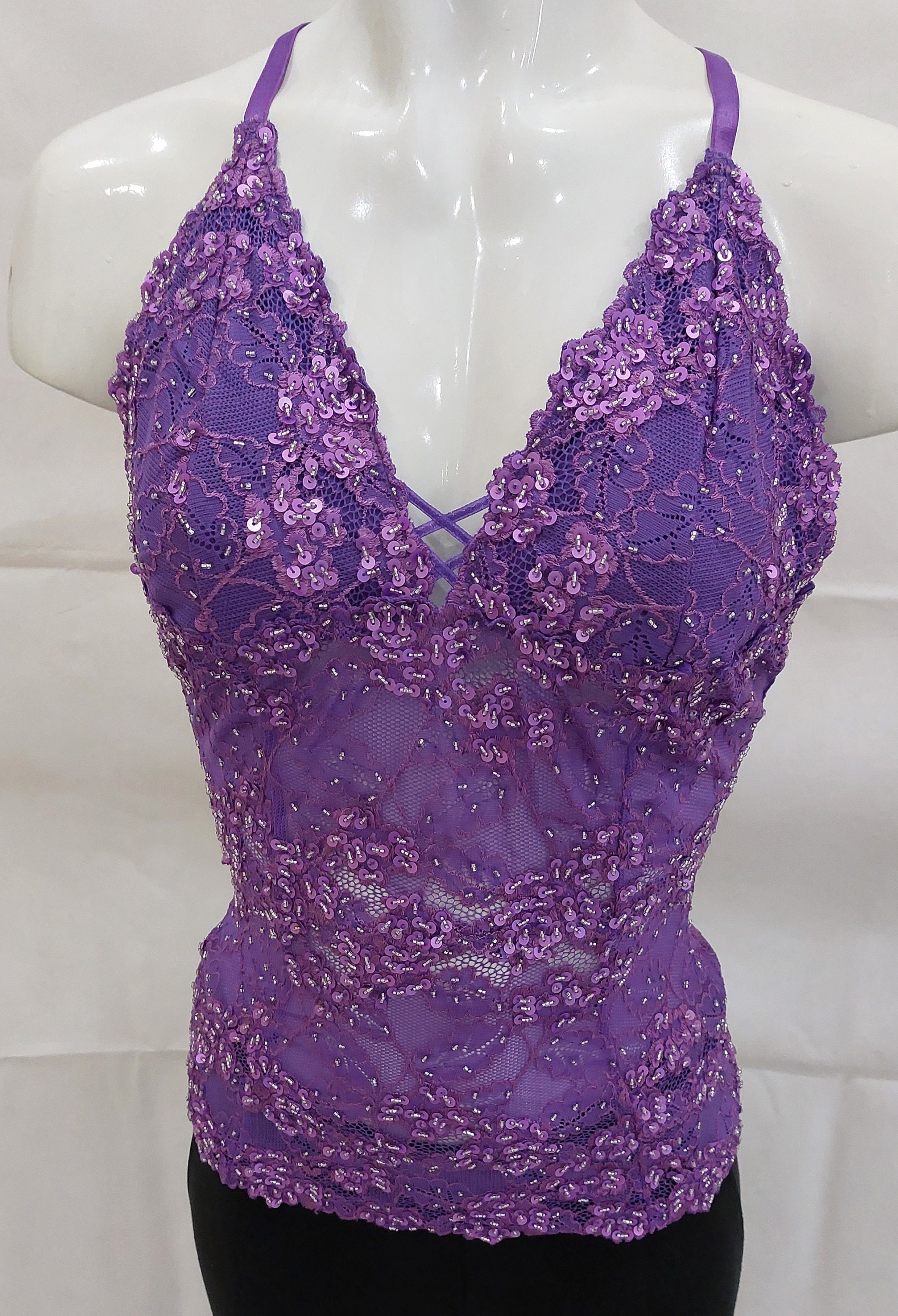 Beaded Lace Cami Tank Top in Lavender Lilac Color With Floral
