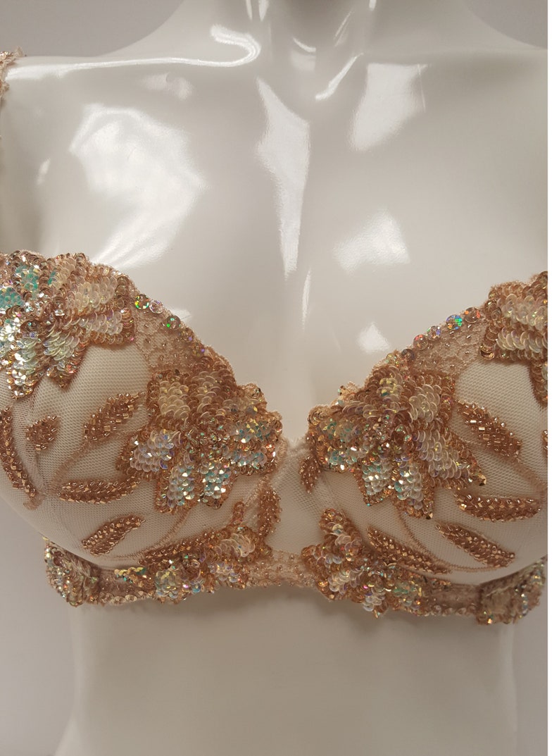 Embellished ivory cream push up bra top bustier hand decorated with sequins. image 5