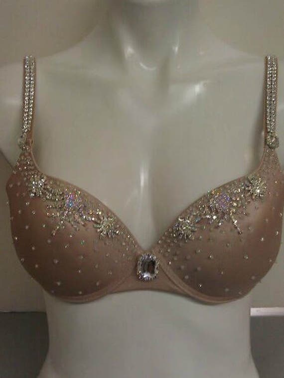 Hand Decorated Push up Bra in Nude Champagne Color With Shiny Beads and  Rhinestones. 