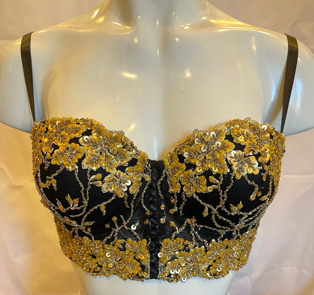 Black and Matte Gold Bra Crop Top Half Corset Bustier Decorated Sequins and  Beads. -  Canada