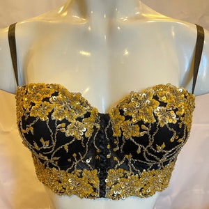 Black and Matte Gold Bra Crop Top Half Corset Bustier Decorated Sequins and  Beads. 