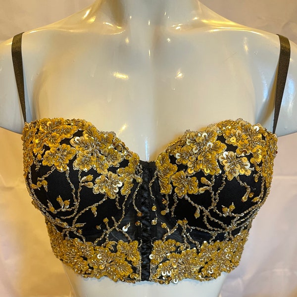 Black and matte gold bra crop top half corset bustier decorated sequins and beads.