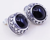 Vintage Sterling silver handmade earrings, filigree 925 studs with oval onyx, stamped 925