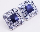 Vintage Sterling silver handmade earrings, filigree 925 studs with square onyx, stamped 925 mexico