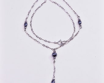 16", Sterling silver handmade necklace, solid 925 silver chain with black metallic beads, silver tested