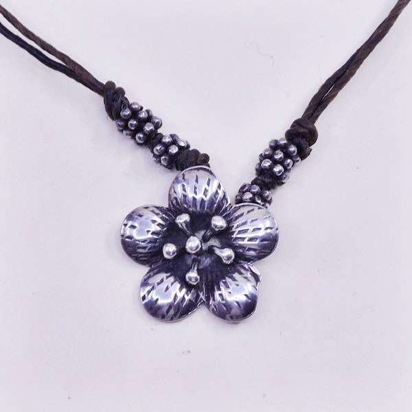 16”, Vintage leather necklace and Sterling 925 silver flower pendant, stamped 925 CFJ