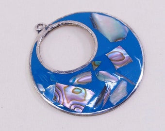 Ciondolo vintage in argento sterling fatto a mano, cerchio rotondo in argento 925 con intarsi in abalone, alpaca stampato, messicano