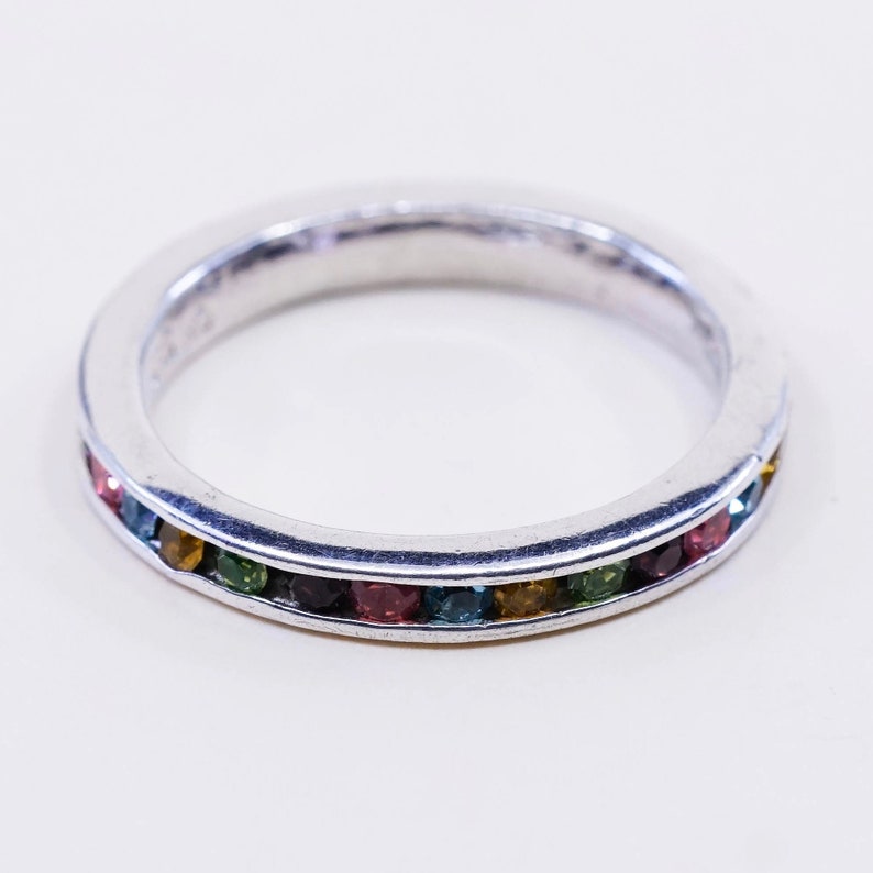 Sterling 925 silver band ring with princess cut colorful crystal stamped 925 Size 7