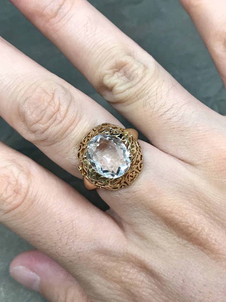 gold over engagement ring sterling silver CZ ring Size 6.5 fine 925 silver with crystal and filigree details 010809 stamped 925