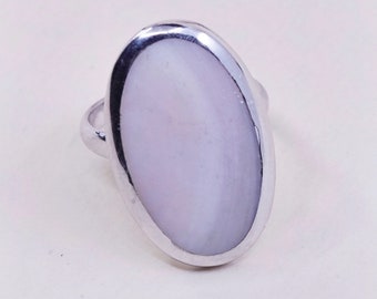 Size 6.75, Vintage sterling silver handmade ring with oval mother of pearl, 925 statement ring, stamped 925