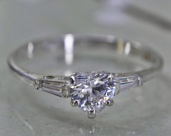 Size 9.25, Vintage sterling silver handmade ring, engagement ring with heart cz, Stamped 925