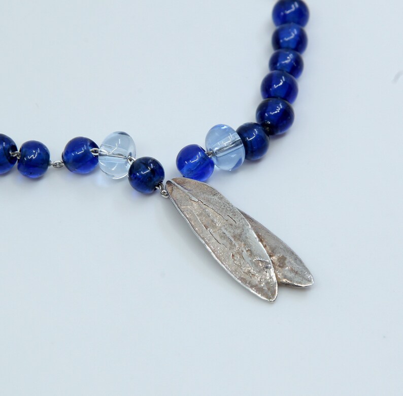 Sterling silver handmade necklace stamped 925 italy 925 circle link chain with leaves pendant and blue glass beads 16+1.5\u201d
