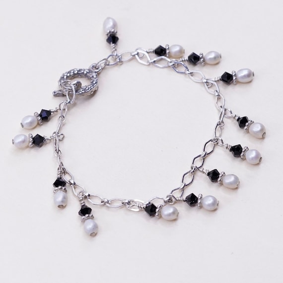 6.75”, Vintage Sterling 925 Silver Handmade Bracelet, Pearl Beads