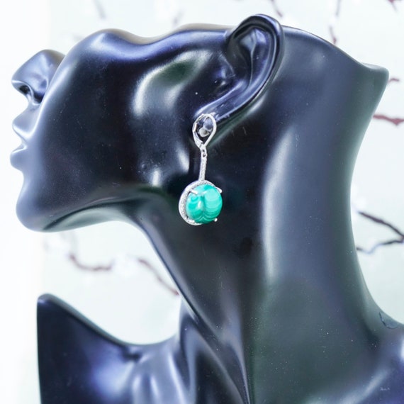 Vintage Karis sterling 925 silver handmade earrings with round malachite, stamped 925 Karis View 2