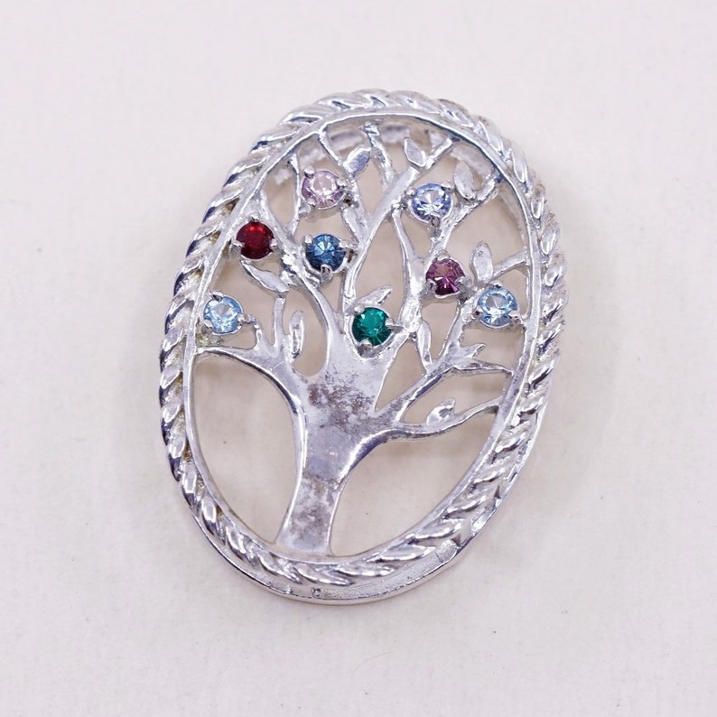 Vintage Sterling silver handmade pendant 925 filigree tree and crystal stamped 925