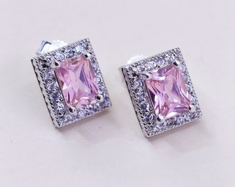 Vintage Sterling Silber ohrringe, 925 quadratische Ohrstecker mit rosa Cz, gestempelt 925