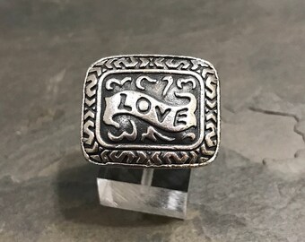 Size 7.5, vintage (010309) sterling silver handmade ring, solid 925 silver statement band, engraved "love", stamped 925 Thai