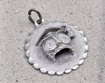 Vintage sterling silver handmade owl bird charm, 925 pendant, stamped Sterling beau