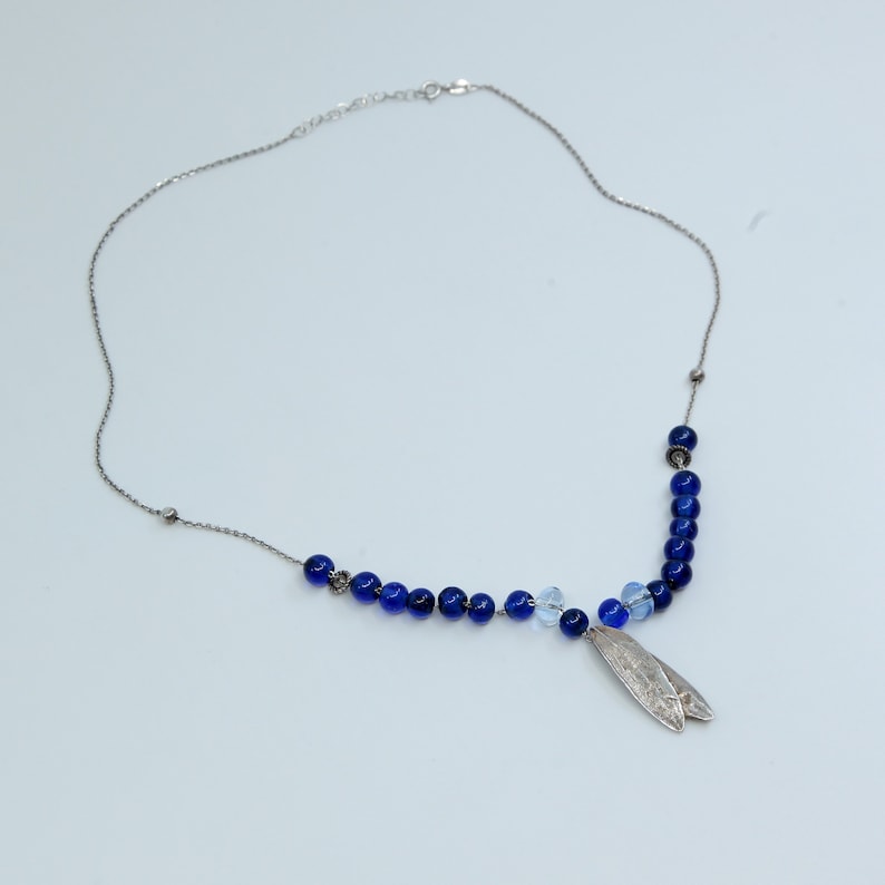 Sterling silver handmade necklace stamped 925 italy 925 circle link chain with leaves pendant and blue glass beads 16+1.5\u201d