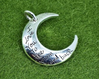 breloque vintage en argent sterling faite à la main, pendentif 925 gravé "Je t'aime jusqu'à la lune et au dos", poinçonné 925