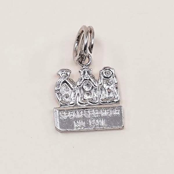 Vintage (020235) sterling silver “speak, see, hear, no evil” tag charm, 925 silver charm pendant, stamped sterling